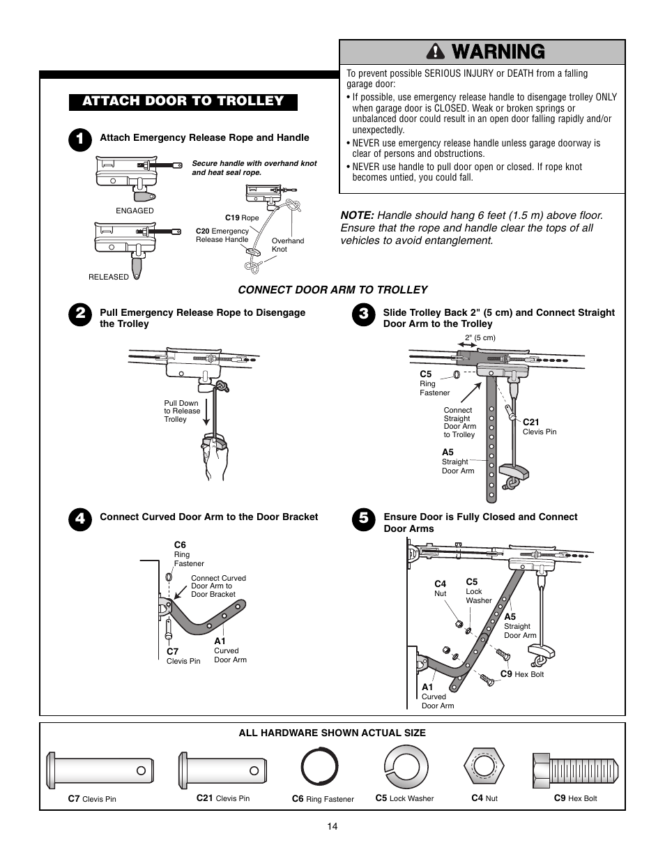 Attach door to trolley, Warning, Warning caution warning warning | Chamberlain POWERDRIVE PD610D User Manual | Page 14 / 36