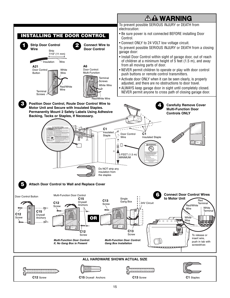 Installing the door control, Warning caution warning warning warning | Chamberlain POWERDRIVE PD610D User Manual | Page 15 / 36