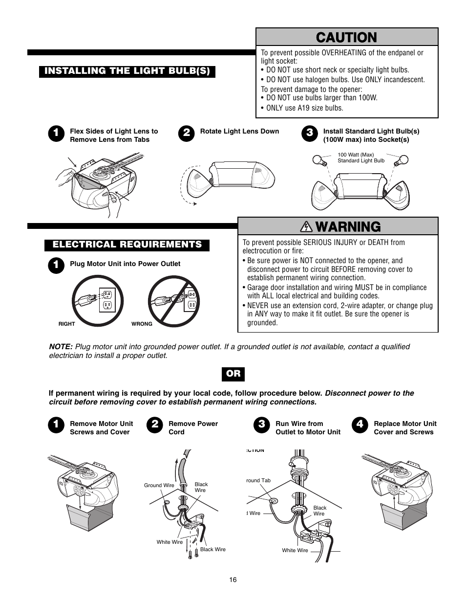 Installing the light bulb(s), Electrical requirements, Warning caution warning warning warning | Warning caution caution warning warning | Chamberlain POWERDRIVE PD610D User Manual | Page 16 / 36