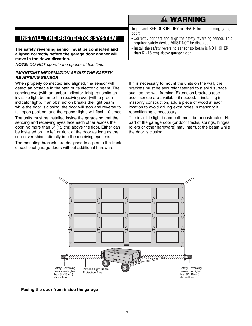 Install the protector system, Warning, Warning caution warning warning | Chamberlain POWERDRIVE PD610D User Manual | Page 17 / 36