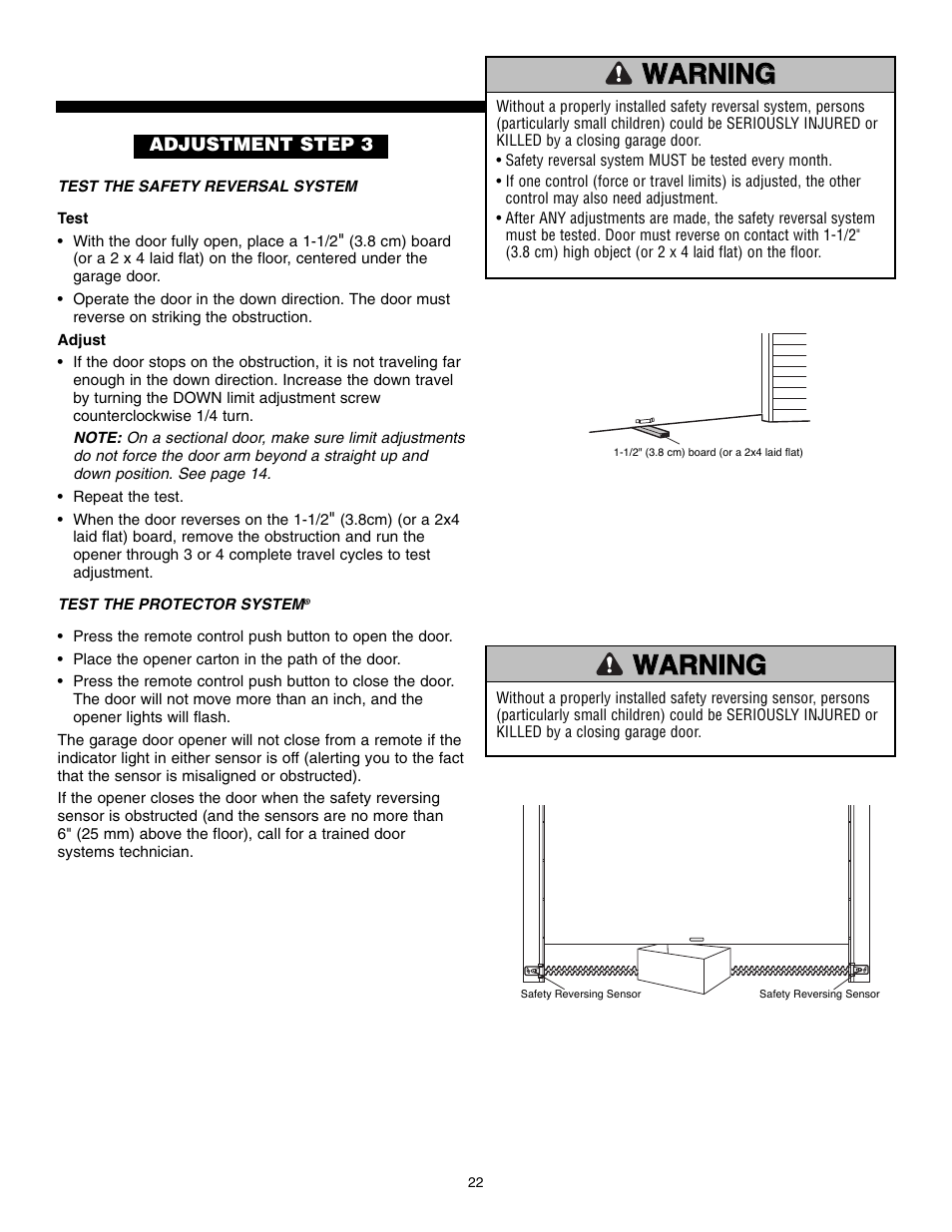 Test the safety reversal system, Test the protector system, Warning | Warning caution warning warning | Chamberlain POWERDRIVE PD610D User Manual | Page 22 / 36