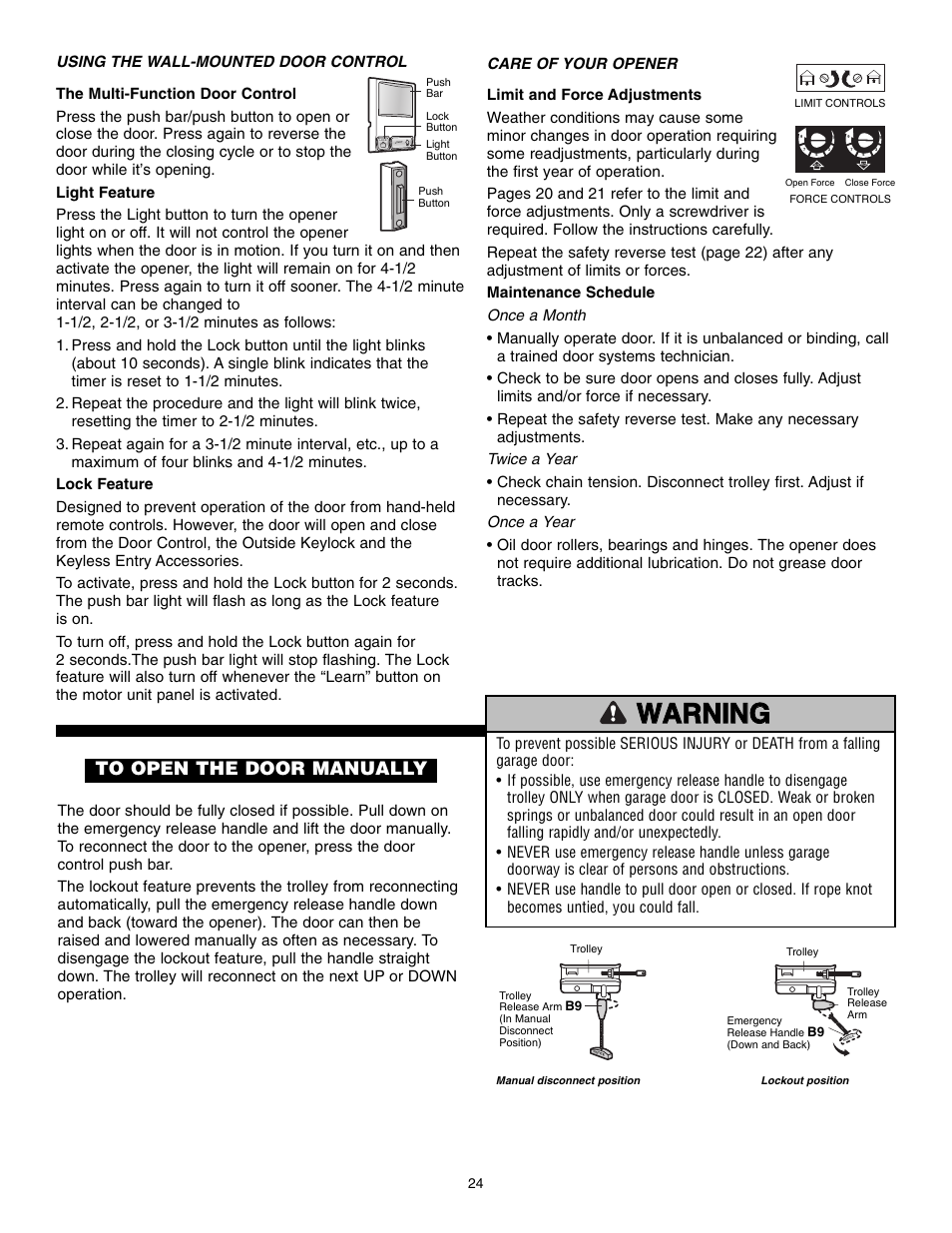 Using the wall-mounted door control, Care of your opener, To open the door manually | Warning, Warning caution warning warning | Chamberlain POWERDRIVE PD610D User Manual | Page 24 / 36