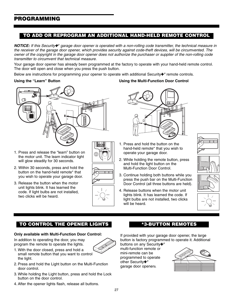 Programming, To control the opener lights, Button remotes | Chamberlain POWERDRIVE PD610D User Manual | Page 27 / 36