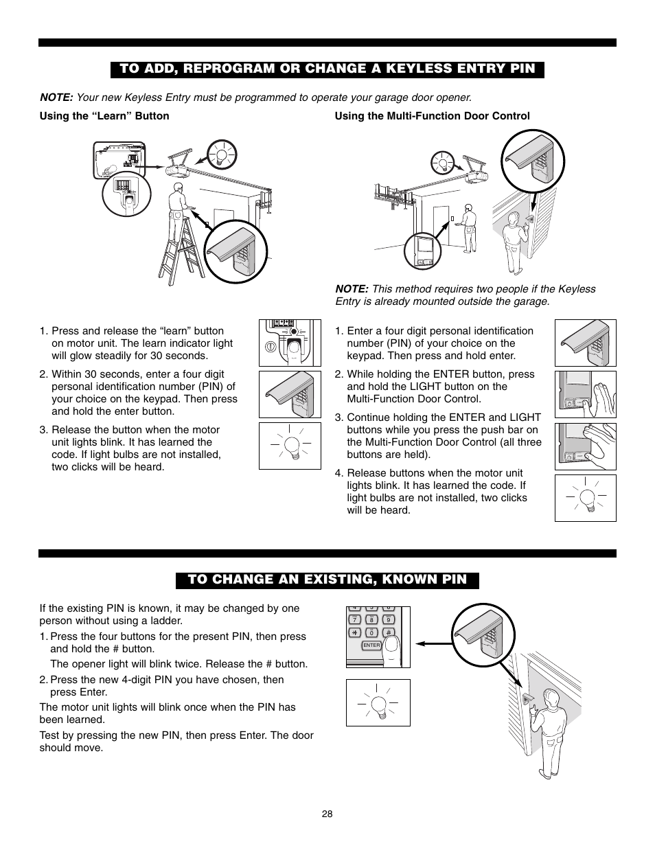 To add, reprogram or change a keyless entry pin, To change an existing, known pin | Chamberlain POWERDRIVE PD610D User Manual | Page 28 / 36