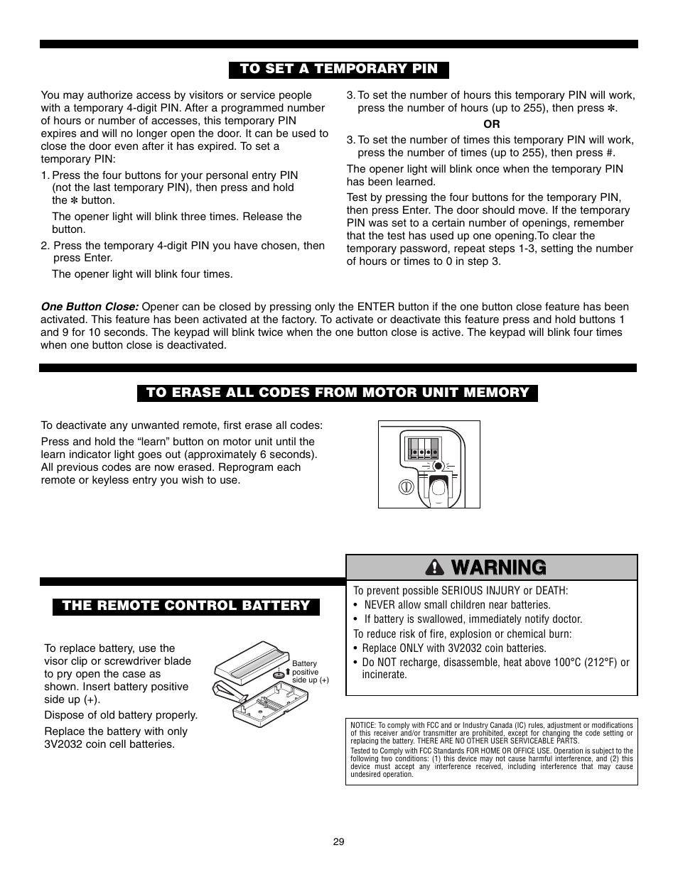 To set a temporary pin, To erase all codes from motor unit memory, The remote control battery | Warning, Warning caution warning warning | Chamberlain POWERDRIVE PD610D User Manual | Page 29 / 36