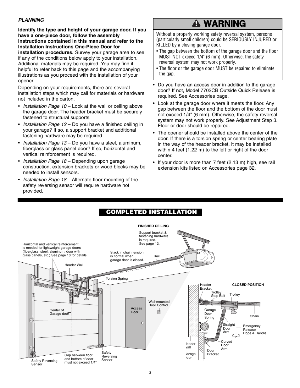 Planning, Completed installation, Warning | Warning caution warning warning | Chamberlain POWERDRIVE PD610D User Manual | Page 3 / 36