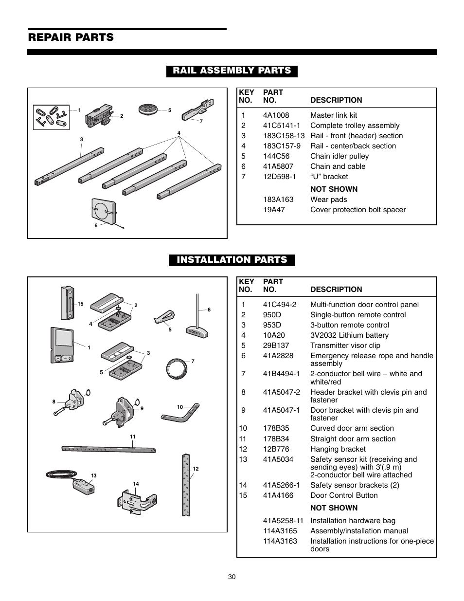 Repair parts, Rail assembly parts, Installation parts | Chamberlain POWERDRIVE PD610D User Manual | Page 30 / 36