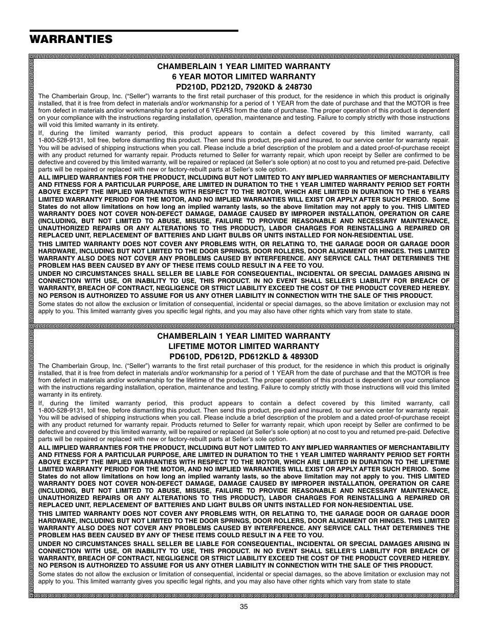 Warranties | Chamberlain POWERDRIVE PD610D User Manual | Page 35 / 36