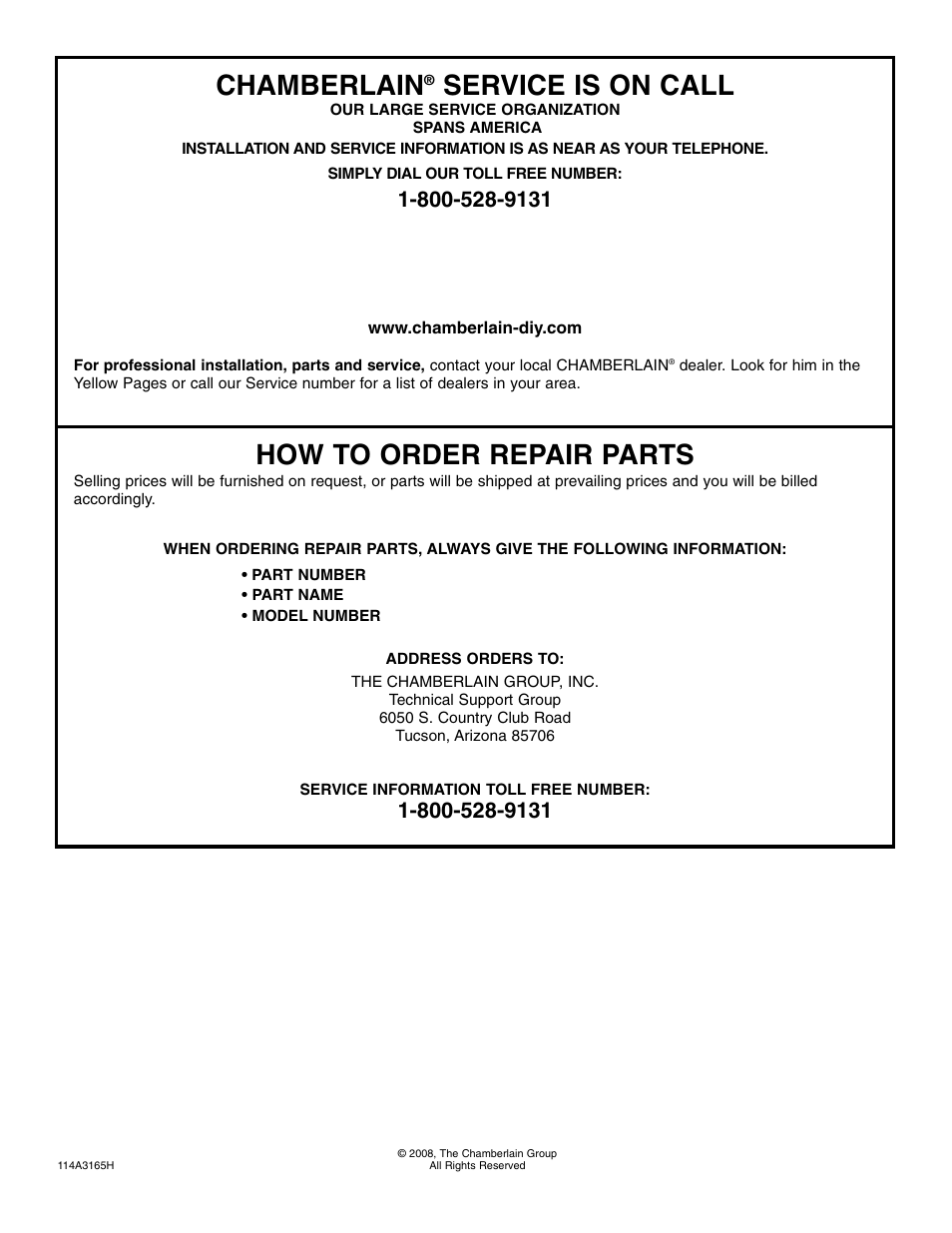 How to order repair parts, Chamberlain, Service is on call | Chamberlain POWERDRIVE PD610D User Manual | Page 36 / 36