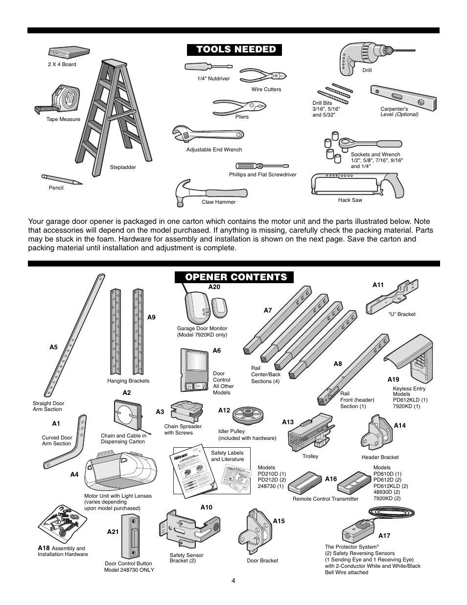 Tools needed, Opener contents, Opener contents tools needed | Chamberlain POWERDRIVE PD610D User Manual | Page 4 / 36