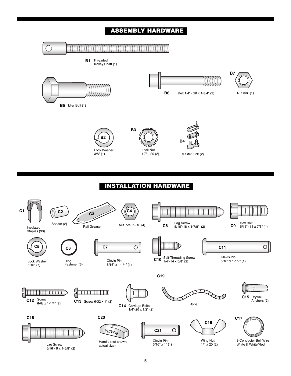 Assembly hardware, Installation hardware, Assembly hardware installation hardware | Chamberlain POWERDRIVE PD610D User Manual | Page 5 / 36