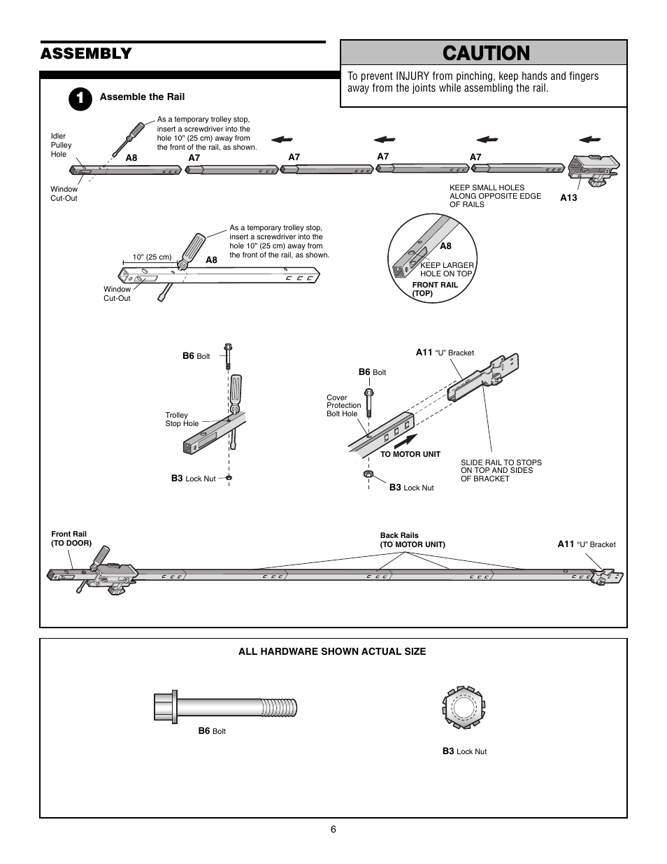 Assembly, Assemble the rail, Warning caution caution warning warning | Chamberlain POWERDRIVE PD610D User Manual | Page 6 / 36