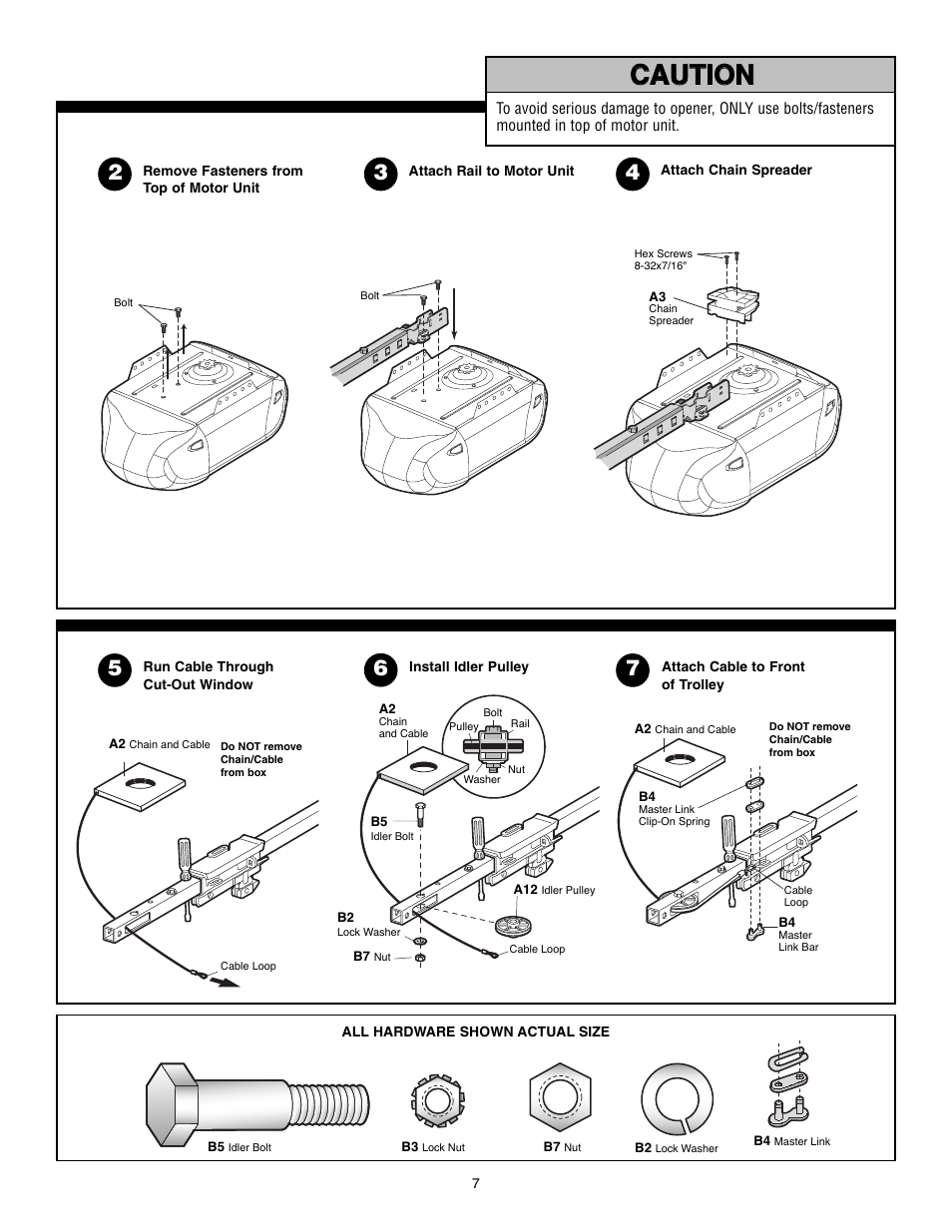 Remove fasteners from top of motor unit, Attach rail to motor unit, Attach chain spreader | Run cable through cut-out window, Install idler pulley, Attach cable to front of trolley, Warning caution caution warning warning | Chamberlain POWERDRIVE PD610D User Manual | Page 7 / 36