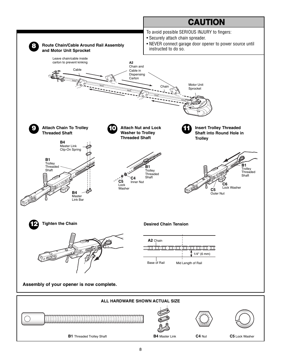 Attach chain to trolley threaded shaft, Tighten the chain, Warning caution caution warning warning | Chamberlain POWERDRIVE PD610D User Manual | Page 8 / 36