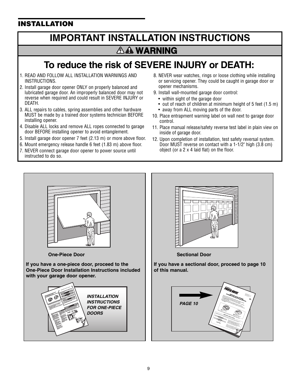 Installation-sectional door, Warning caution warning warning warning, Installation | Chamberlain POWERDRIVE PD610D User Manual | Page 9 / 36