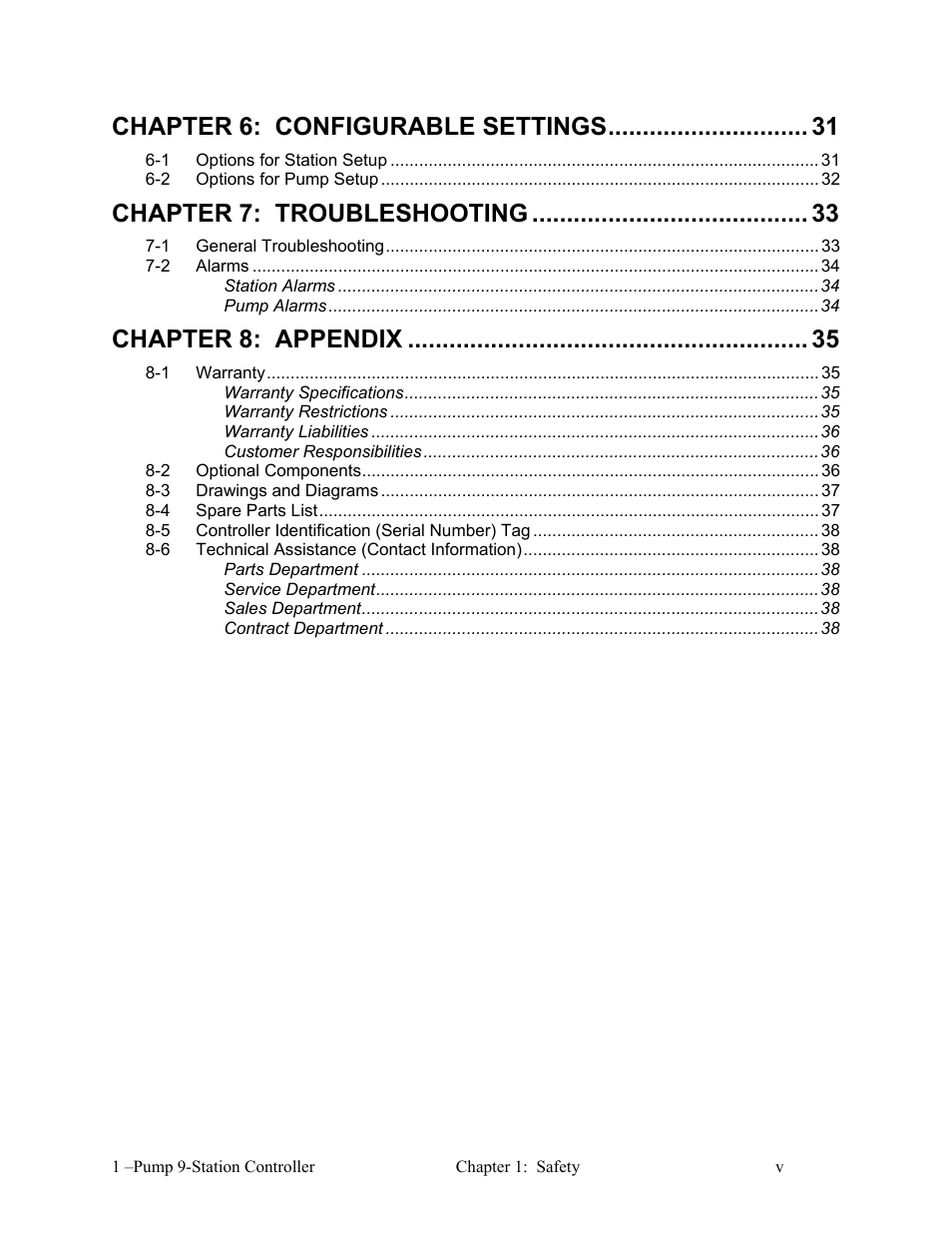 Chapter 6: configurable settings, Chapter 7: troubleshooting, Chapter 8: appendix | AEC 1-Pump 9-Station Controller User Manual | Page 6 / 39