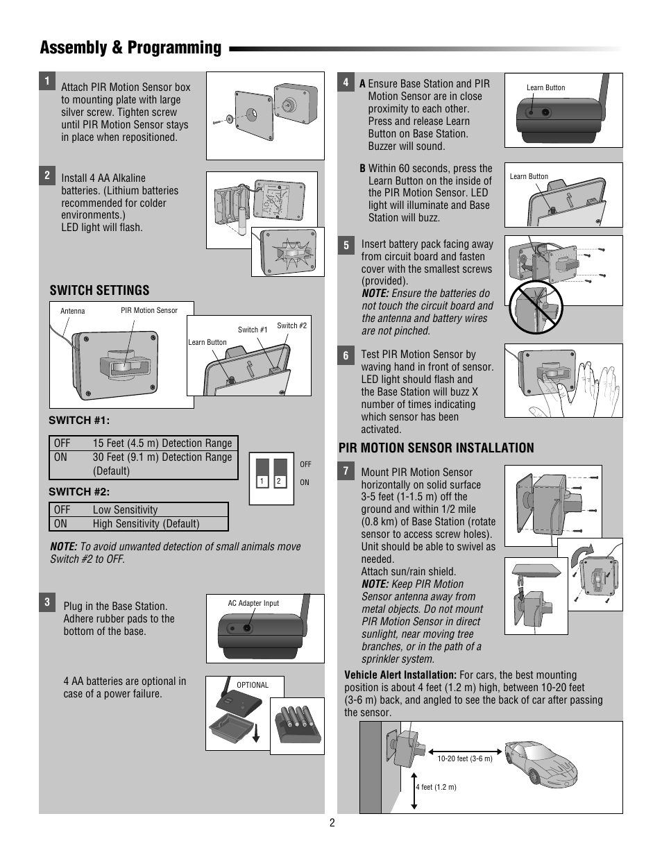 Assembly & programming, Switch settings, Pir motion sensor installation | Chamberlain CWA2000C User Manual | Page 2 / 4