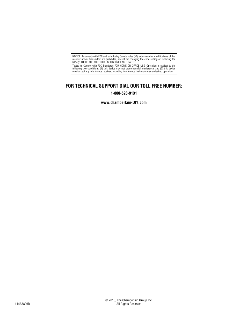 Technical support, For technical support dial our toll free number | Chamberlain CWA2000C User Manual | Page 4 / 4