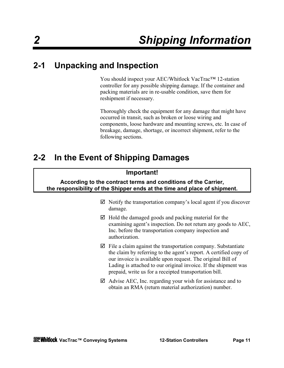 2shipping information, 1 unpacking and inspection, 2 in the event of shipping damages | AEC VacTrac Series Conveying Systems User Manual | Page 12 / 97