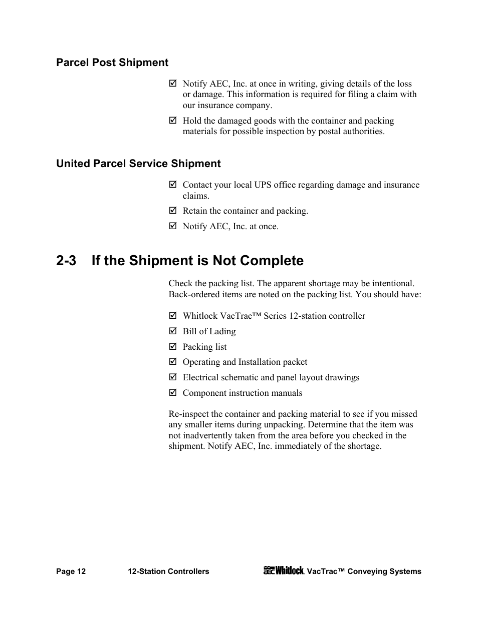 3 if the shipment is not complete | AEC VacTrac Series Conveying Systems User Manual | Page 13 / 97