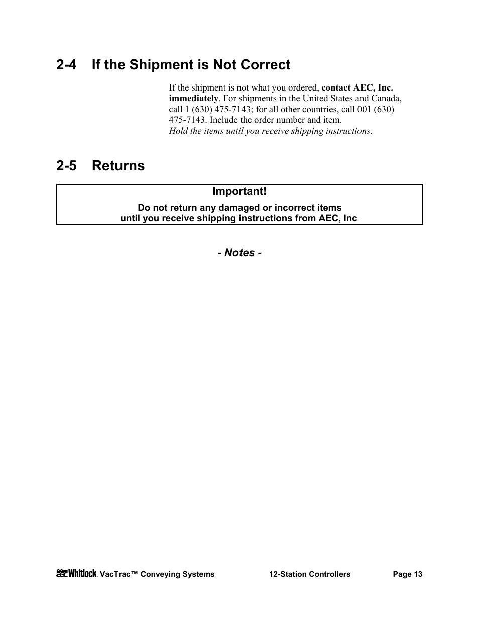 4 if the shipment is not correct, 5 returns | AEC VacTrac Series Conveying Systems User Manual | Page 14 / 97