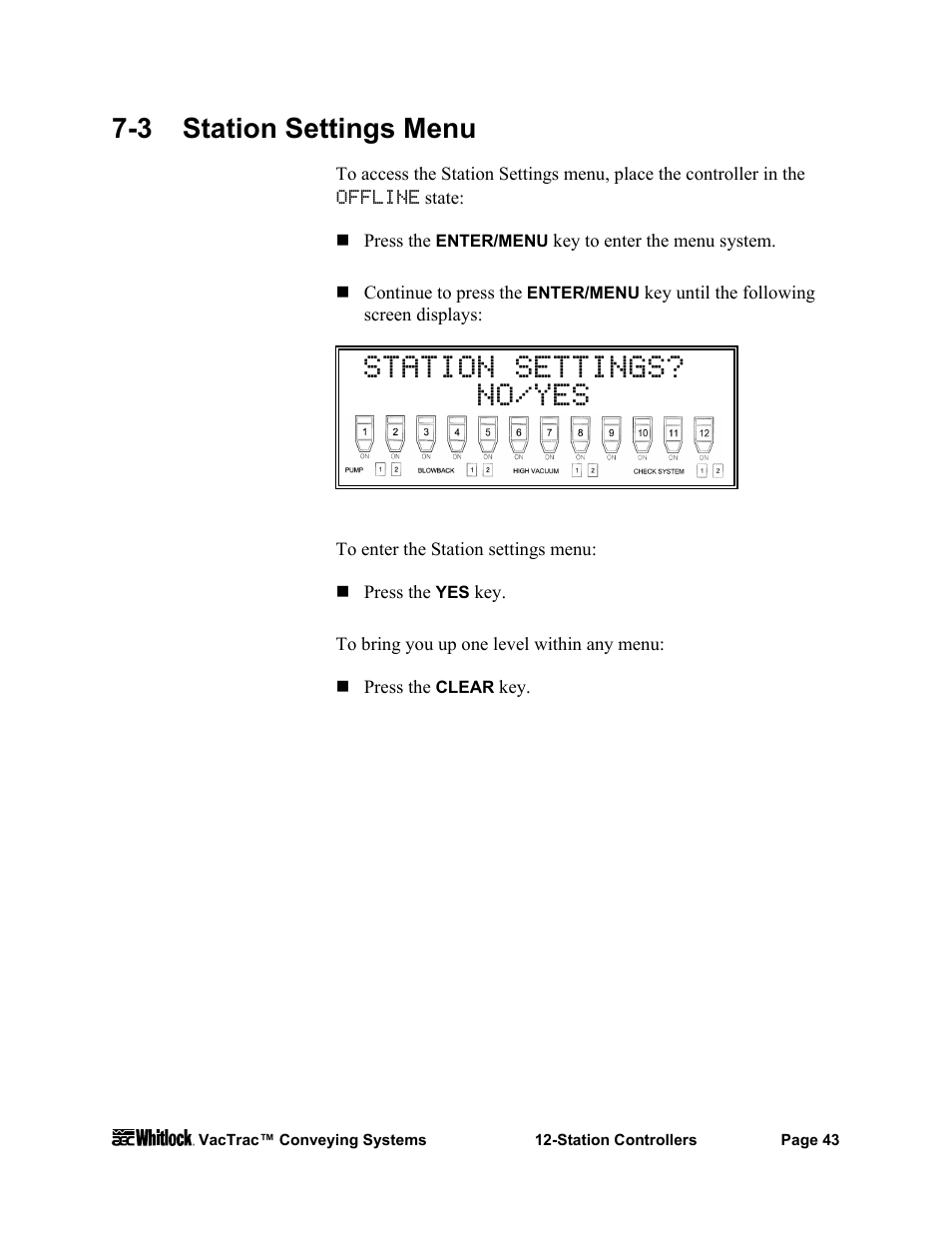 Station settings? no/yes, 3 station settings menu | AEC VacTrac Series Conveying Systems User Manual | Page 44 / 97