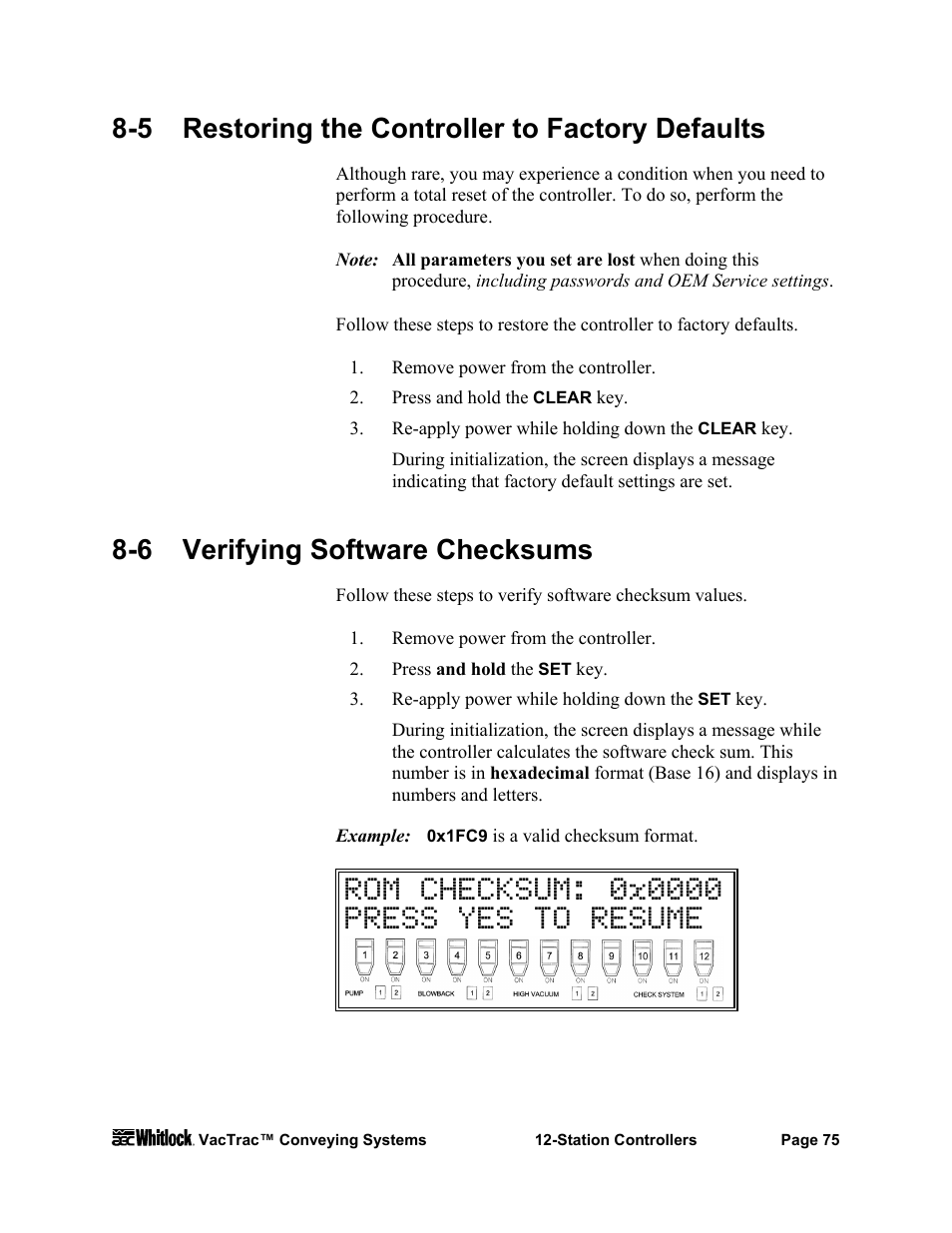 5 restoring the controller to factory defaults, 6 verifying software checksums | AEC VacTrac Series Conveying Systems User Manual | Page 76 / 97