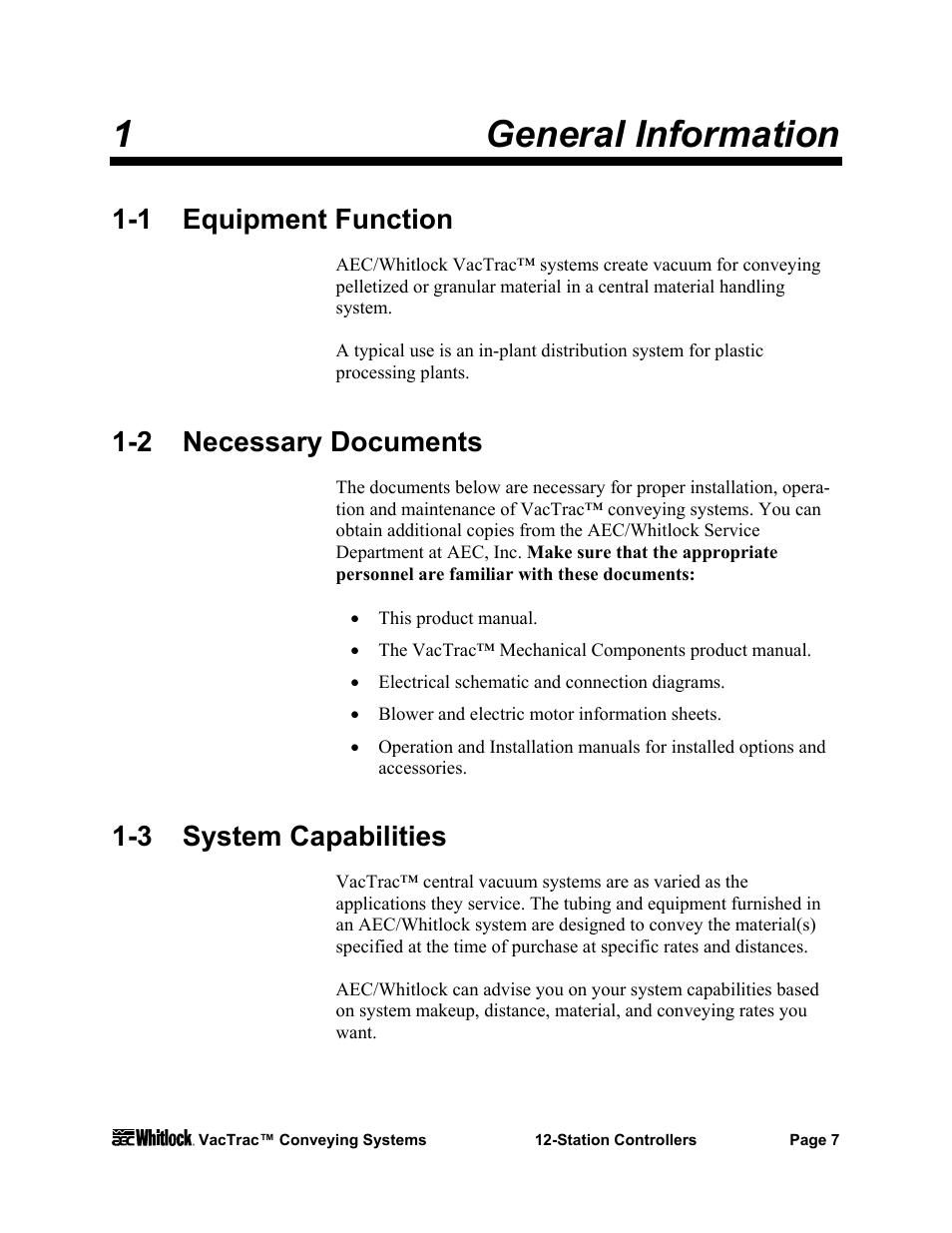 1general information, 1 equipment function, 2 necessary documents | 3 system capabilities | AEC VacTrac Series Conveying Systems User Manual | Page 8 / 97