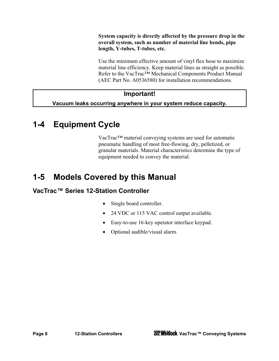 4 equipment cycle, 5 models covered by this manual | AEC VacTrac Series Conveying Systems User Manual | Page 9 / 97