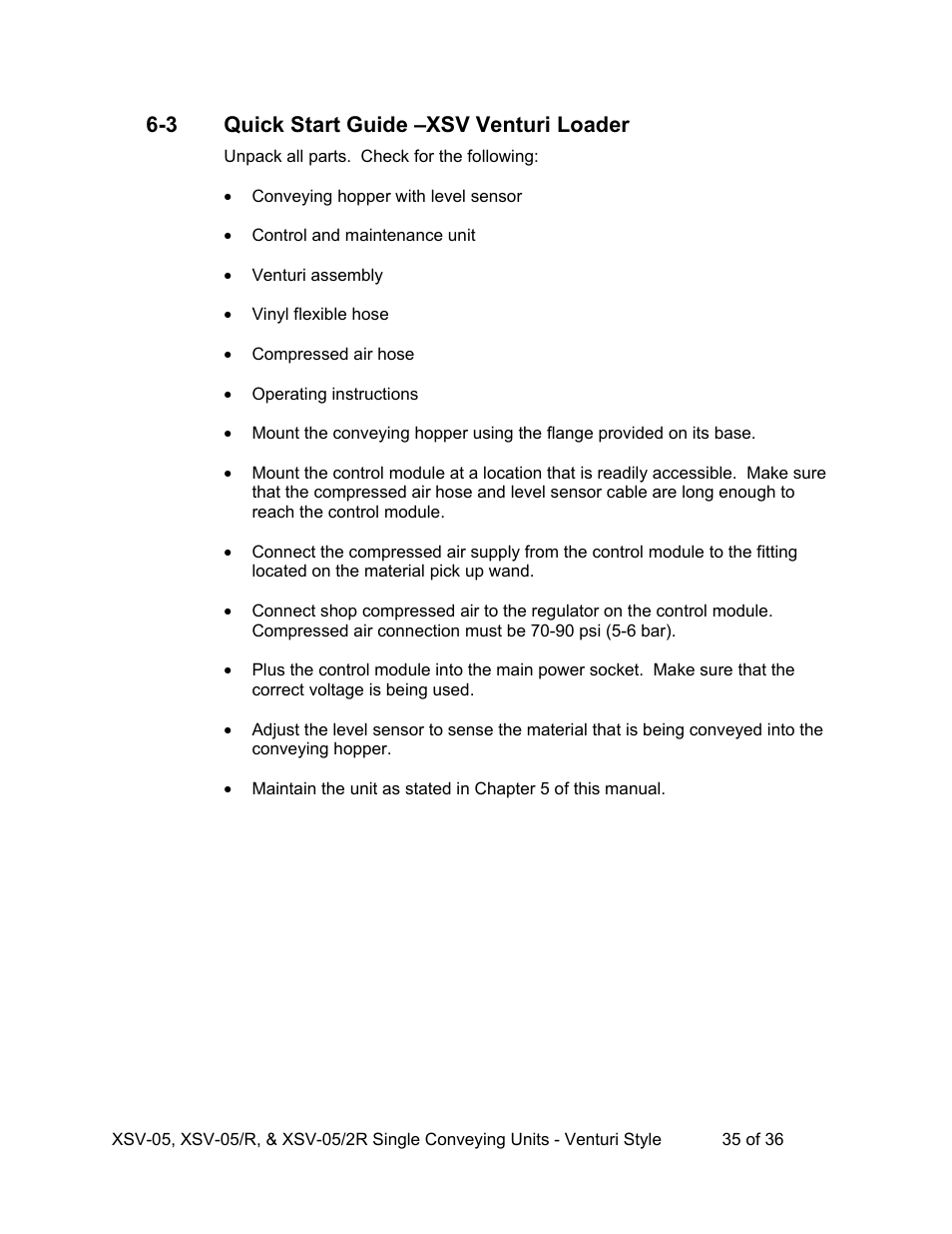 3 quick start guide –xsv venturi loader | AEC Single Conveying Units User Manual | Page 36 / 37