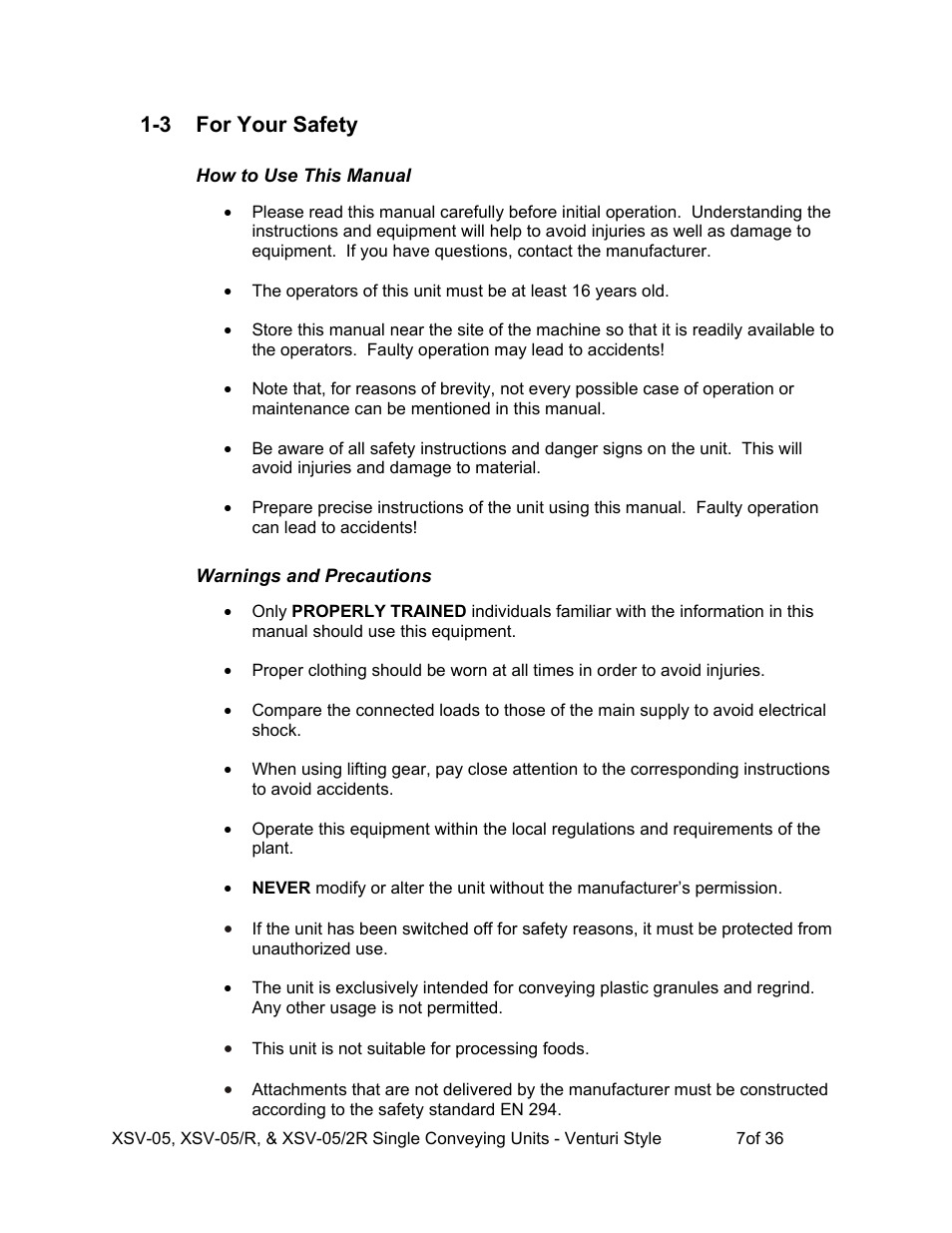 3 for your safety | AEC Single Conveying Units User Manual | Page 8 / 37