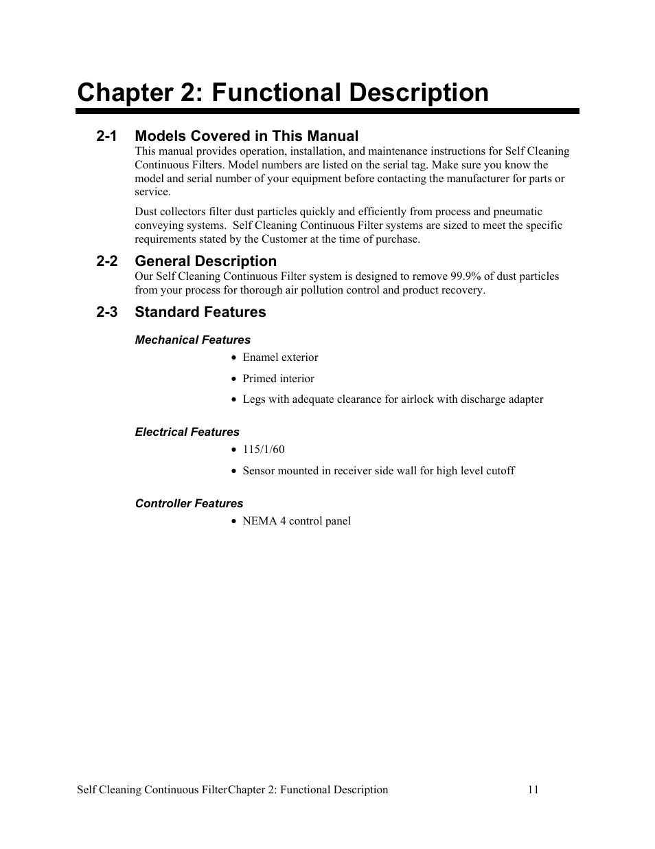 1 models covered by manual, 2 general description, 3 standard features | 4 options, Chapter 2: functional description | AEC Self Cleaning Continuous Filters User Manual | Page 12 / 41
