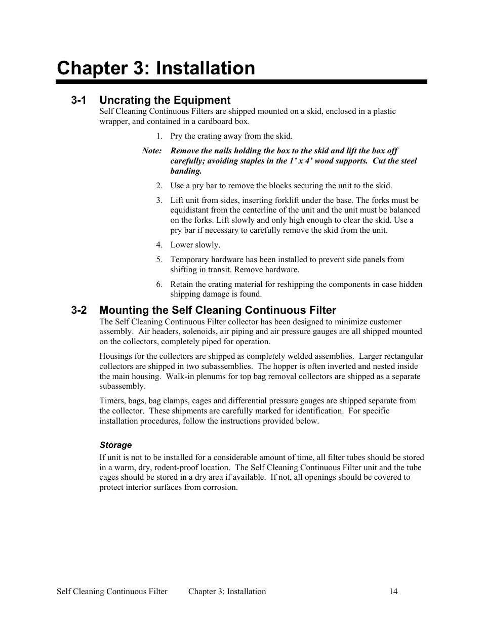 1 uncrating equipment, 2 mounting filter, 3 electrical connections | Chapter 3: installation | AEC Self Cleaning Continuous Filters User Manual | Page 15 / 41