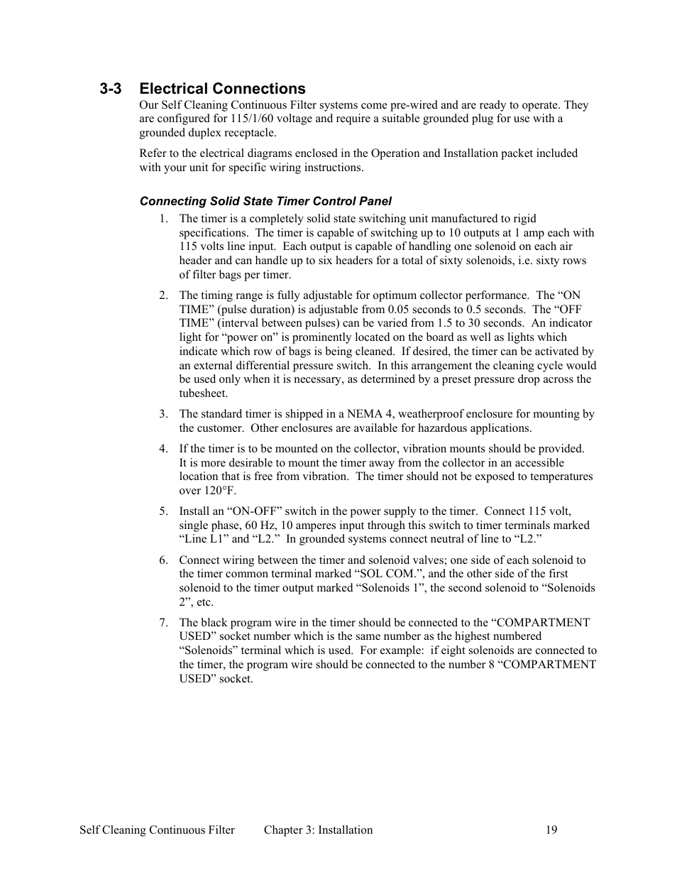 4 setup procedures, 3 electrical connections | AEC Self Cleaning Continuous Filters User Manual | Page 20 / 41