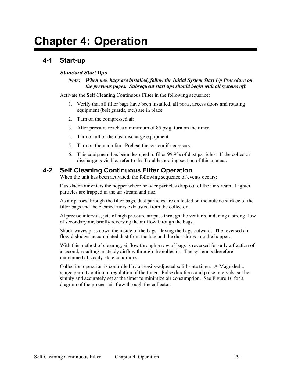 1 start-up, 2 self cleaning filter operation, 3 shutting down unit | Chapter 4: operation | AEC Self Cleaning Continuous Filters User Manual | Page 30 / 41