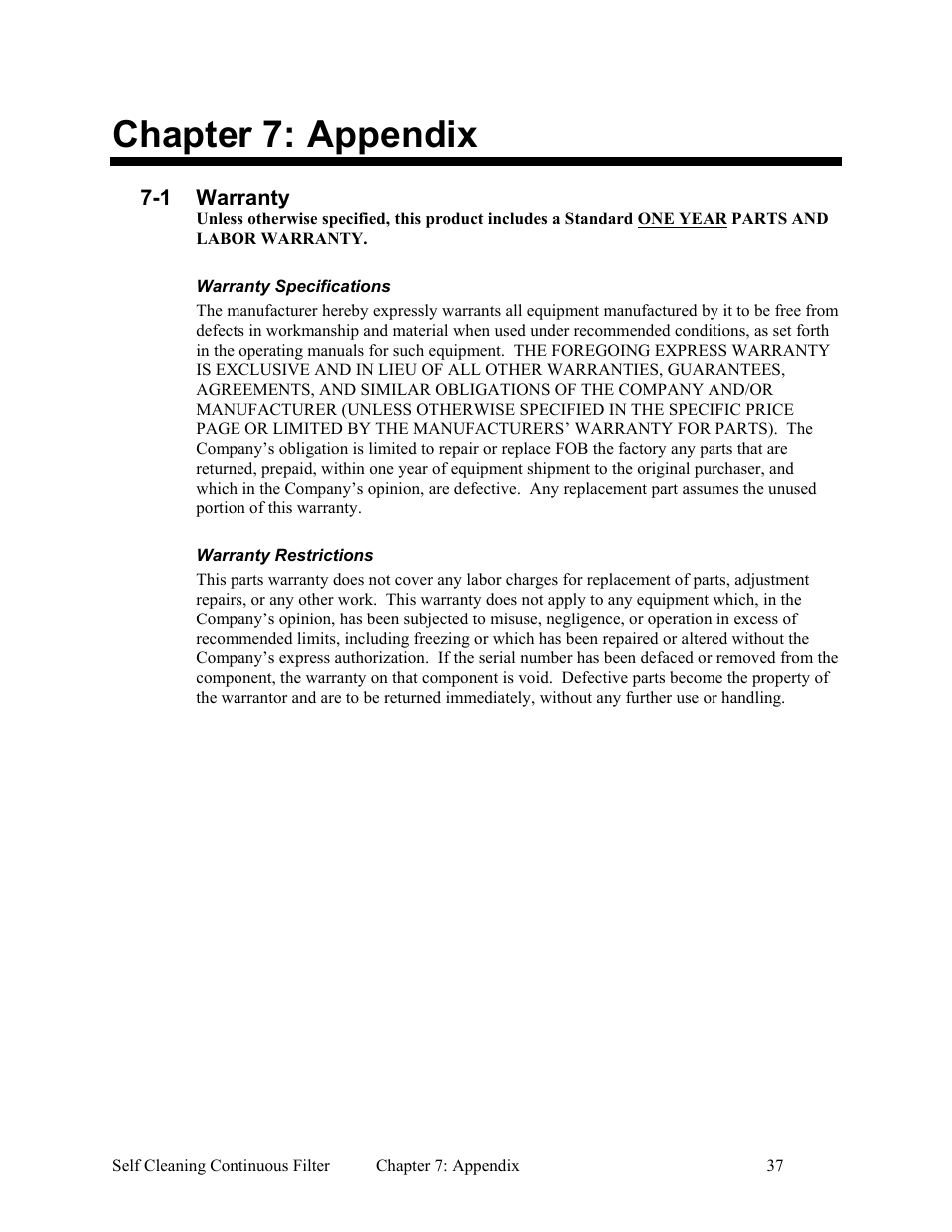 1 warranty, 2 spare parts list, Chapter 7: appendix | AEC Self Cleaning Continuous Filters User Manual | Page 38 / 41