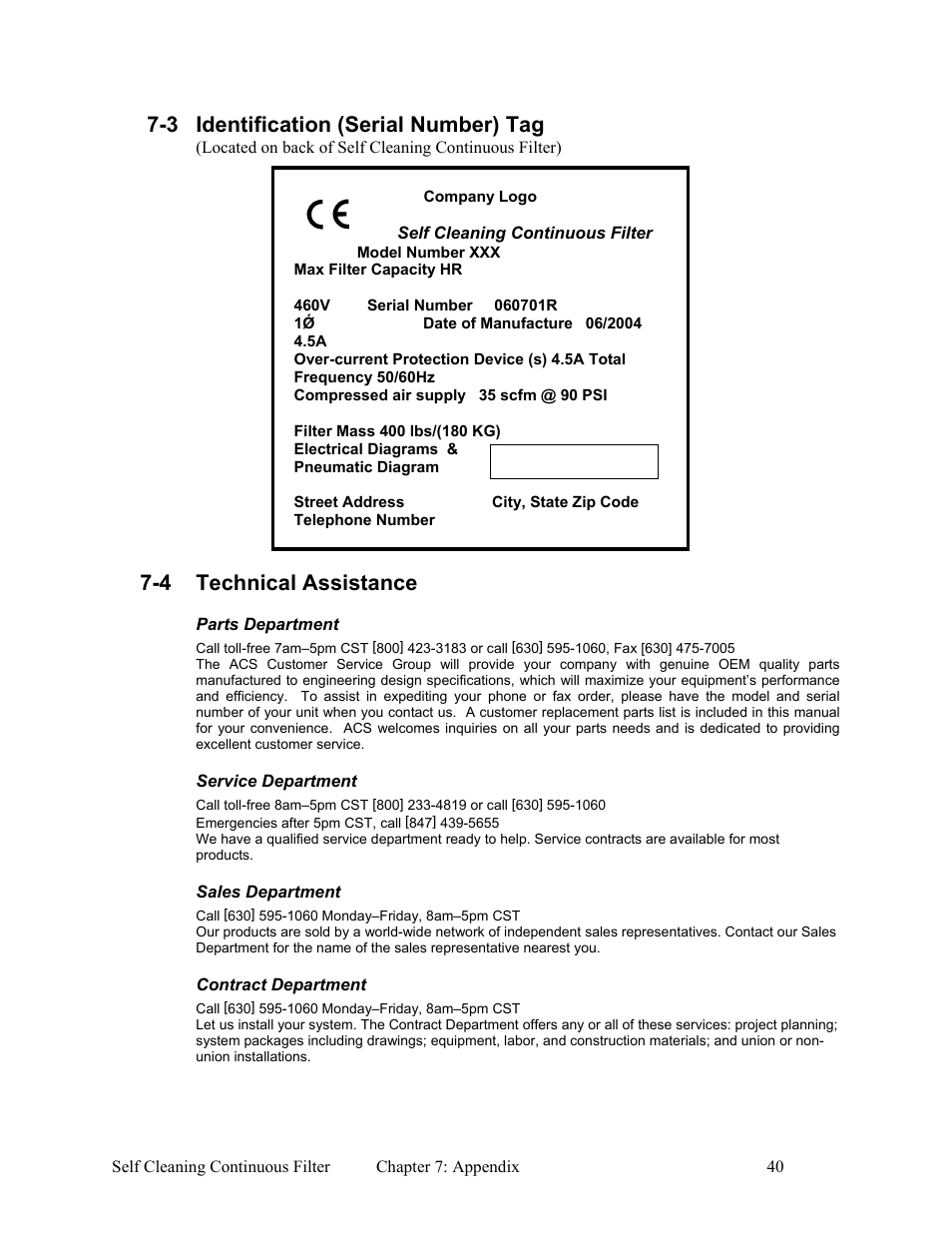 4 technical assistance, 3 identification (serial number) tag | AEC Self Cleaning Continuous Filters User Manual | Page 41 / 41