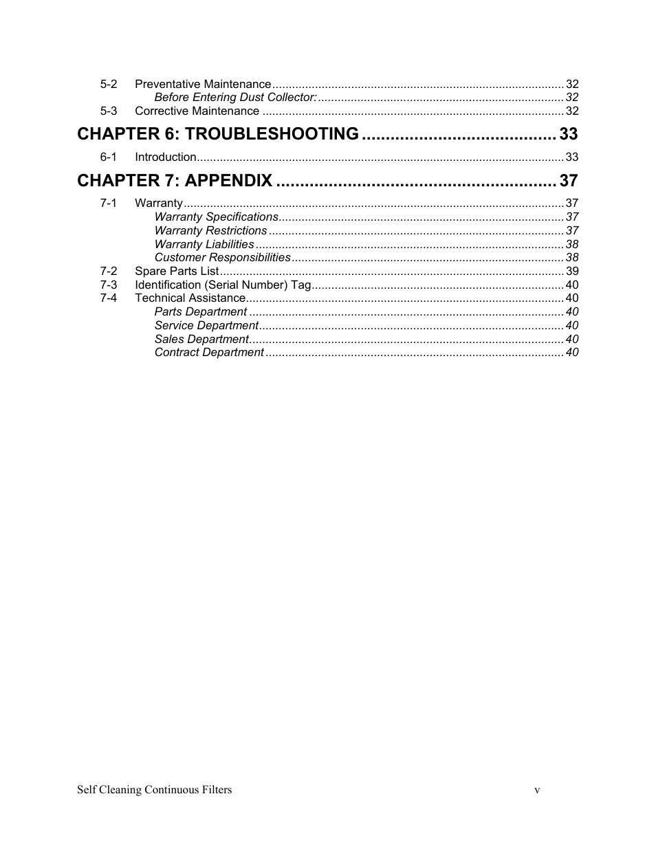 Chapter 6: troubleshooting, Chapter 7: appendix | AEC Self Cleaning Continuous Filters User Manual | Page 6 / 41