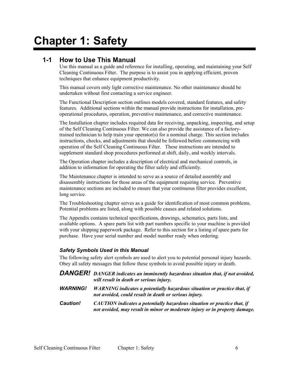 1 how to use manual, 2 warnings & precautions, Chapter 1: safety | AEC Self Cleaning Continuous Filters User Manual | Page 7 / 41