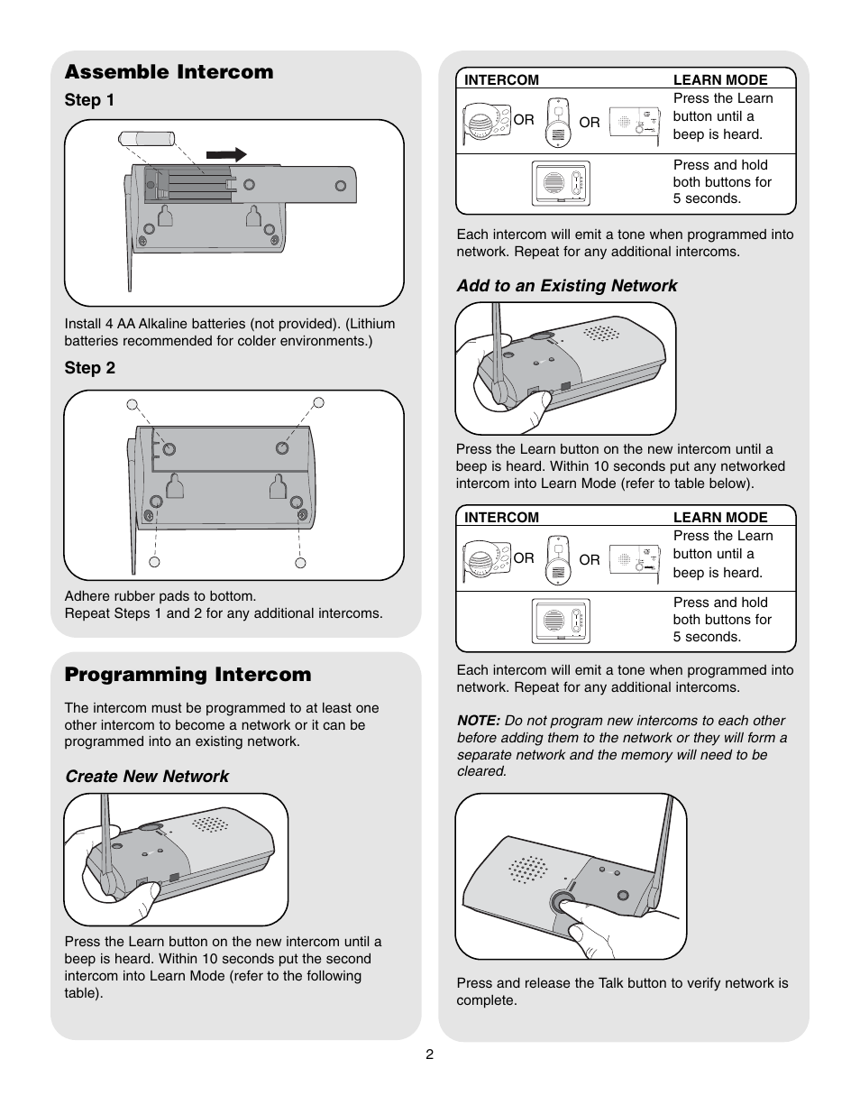 Assemble intercom, Programming intercom, Troubleshooting | Chamberlain LSIA User Manual | Page 2 / 4