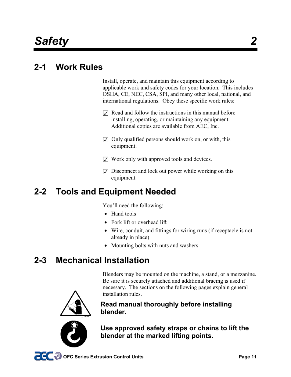 1 work rules, 2 tools & equipment needed, 3 mechanical installation | 4 safety considerations, Safety 2, 2 tools and equipment needed | AEC OFC Series User Manual | Page 11 / 40