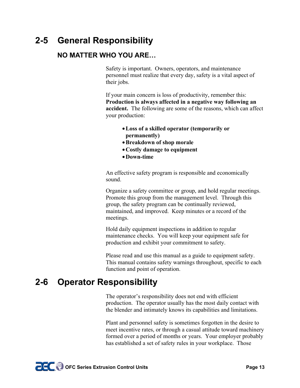 6 operator responsibility, 7 maintenance responsibility, 5 general responsibility | AEC OFC Series User Manual | Page 13 / 40