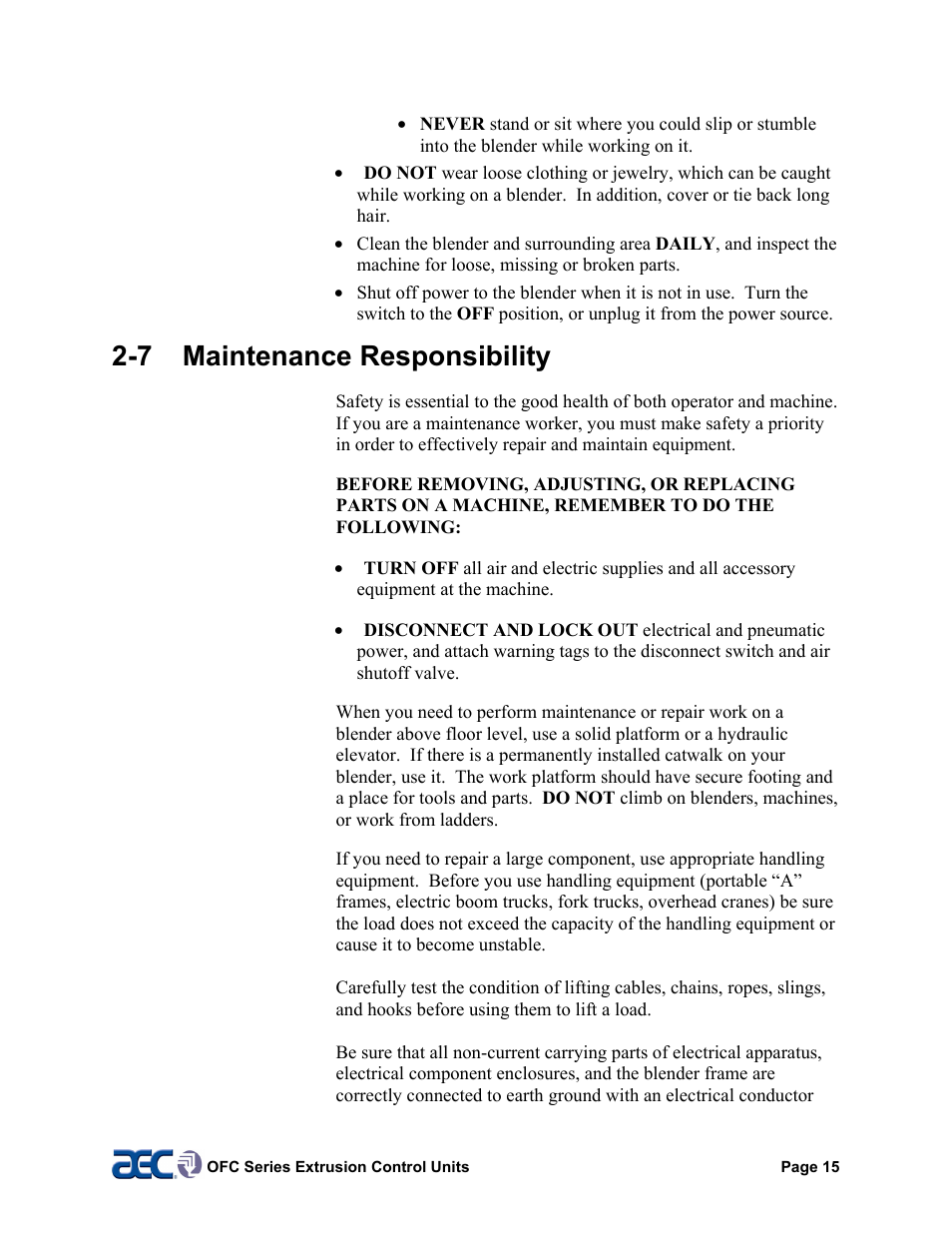 8 safety, 7 maintenance responsibility | AEC OFC Series User Manual | Page 15 / 40