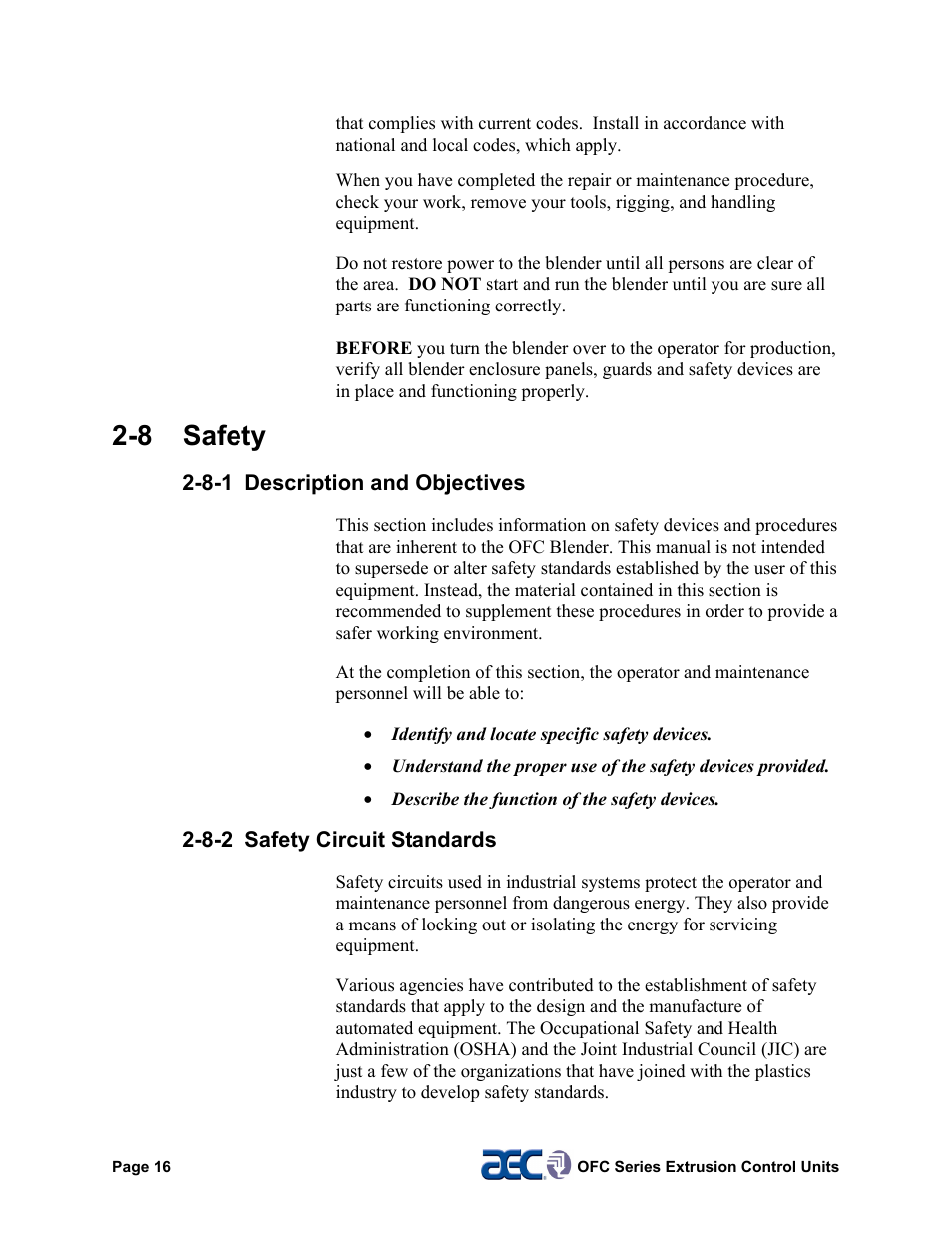 3 shipping information, 8 safety | AEC OFC Series User Manual | Page 16 / 40