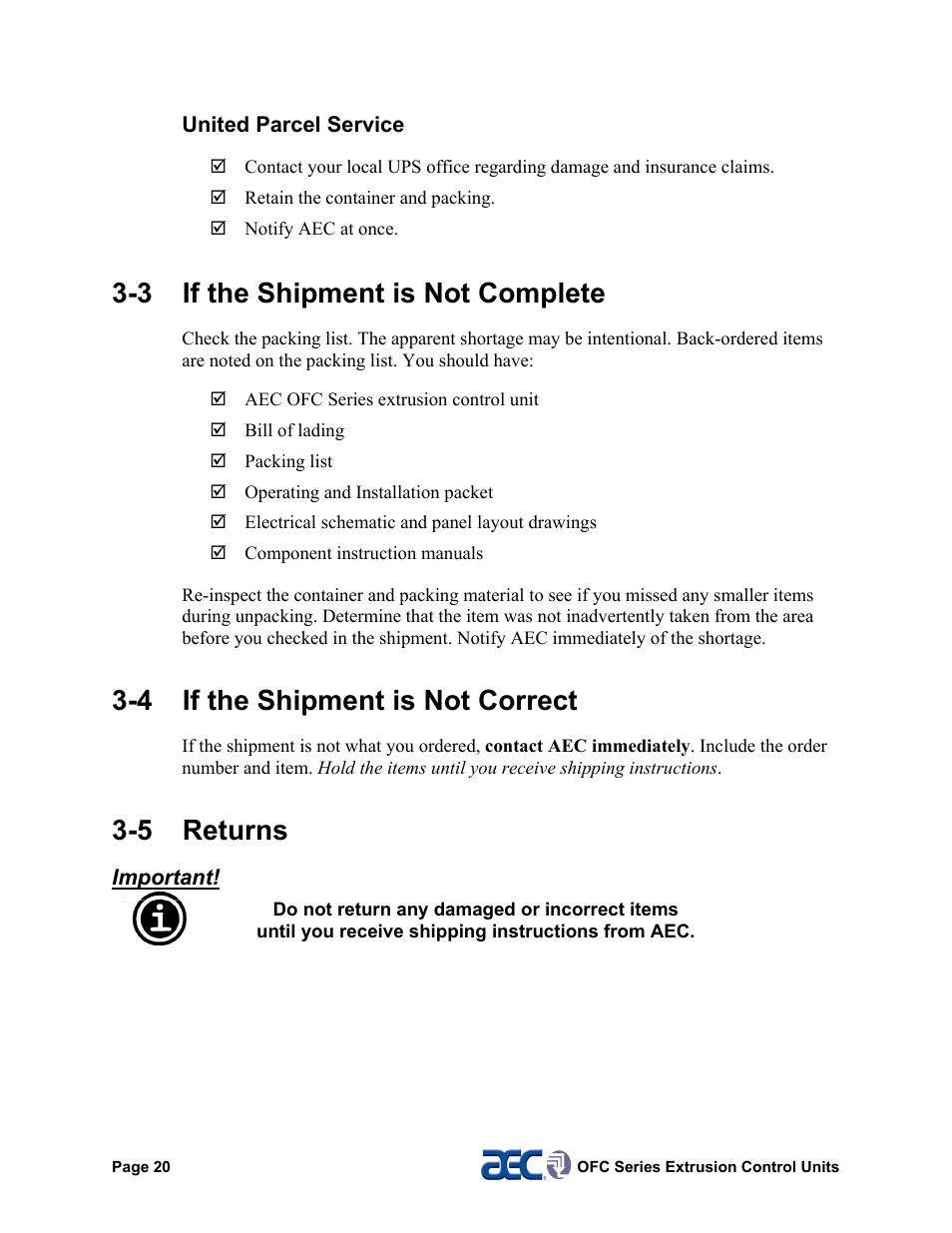 4 shipment not correct, 5 returns, 4 operation | 3 if the shipment is not complete, 4 if the shipment is not correct | AEC OFC Series User Manual | Page 20 / 40