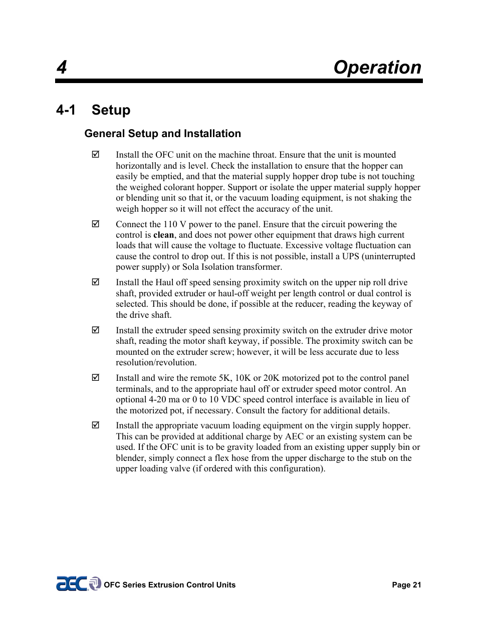 1 setup, 2 unit callibration & setup, 4operation | AEC OFC Series User Manual | Page 21 / 40