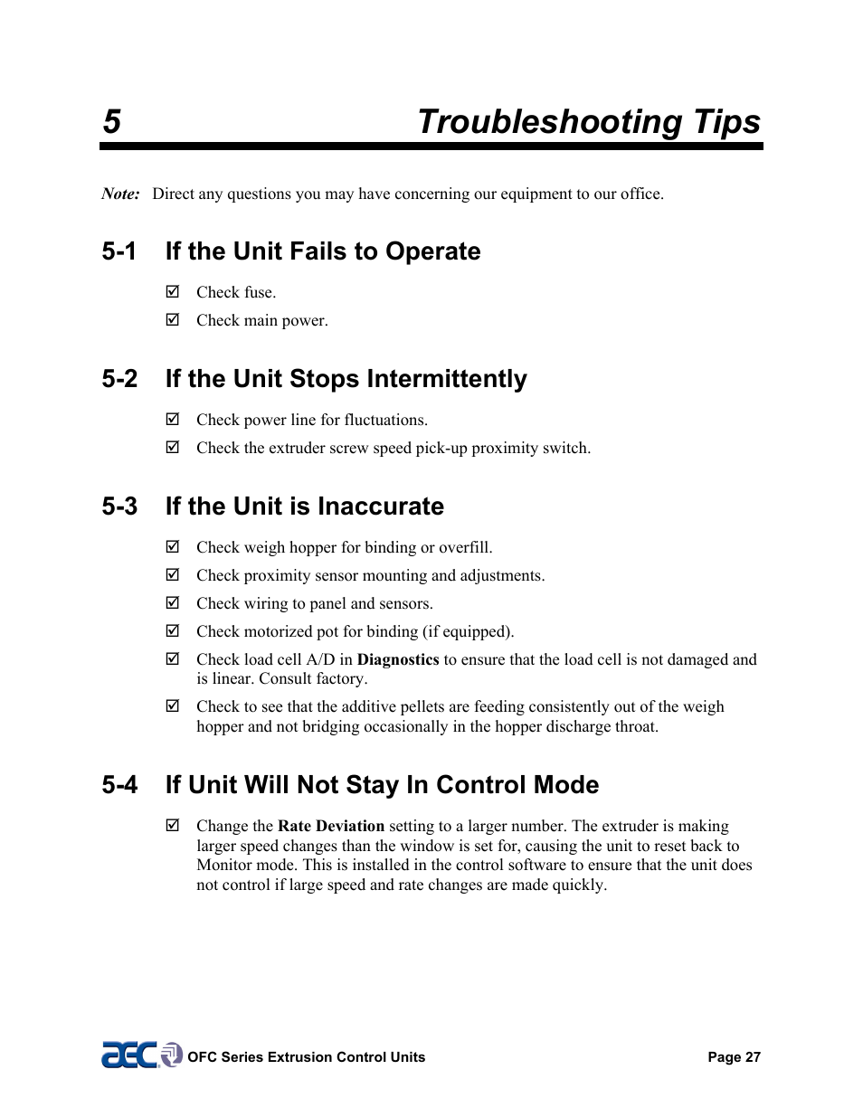 1 unit fails to operate, 2 unit stops intermittently, 3 unit is inaccurate | 4 unit will not stay in control mode, 5 electrical connections, 5troubleshooting tips, 1 if the unit fails to operate, 2 if the unit stops intermittently, 3 if the unit is inaccurate, 4 if unit will not stay in control mode | AEC OFC Series User Manual | Page 27 / 40
