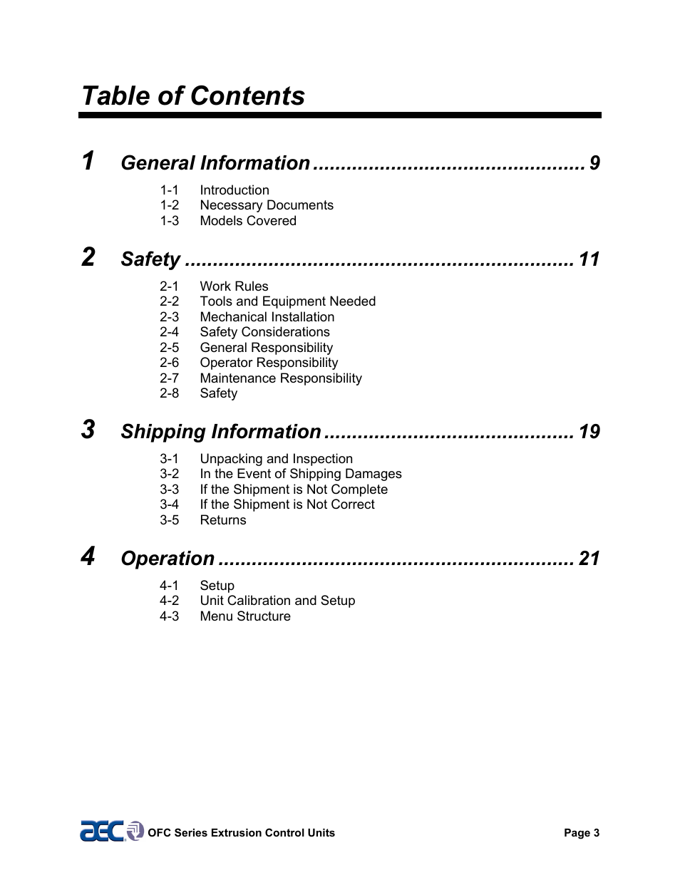 Safety considerations, Table of contents 1, General information | Safety, Shipping information, Operation | AEC OFC Series User Manual | Page 3 / 40