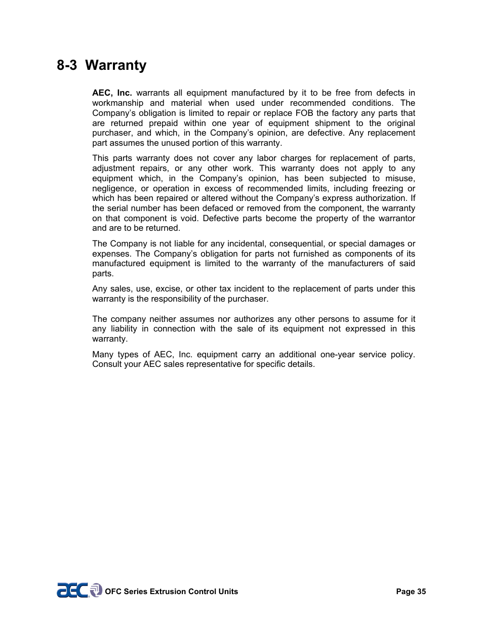 3 warranty | AEC OFC Series User Manual | Page 35 / 40