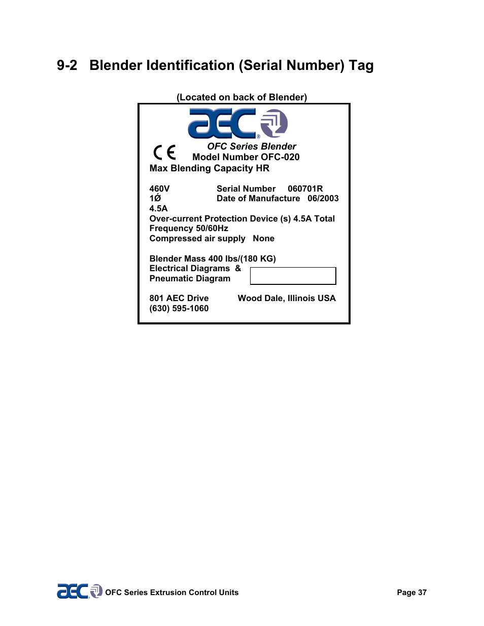 Warranty, 2 blender identification (serial number) tag | AEC OFC Series User Manual | Page 37 / 40